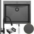 Zlew stalowy Grafit Steel Sink 65 syfon manualny bateria czarna koszyk czarny