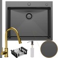 Zlew stalowy Grafit Steel Sink 65 syfon manualny bateria złota koszyk czarny