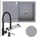 Szary zlew obsidian 1kdo syfon srebrny manualny czarne akcesoria