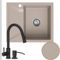 Zlew granitowy beżowy obsidian 1kko bateria czarna syfon srebrny manualny