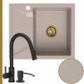 Zlew granitowy beżowy obsidian 1kko bateria czarna syfon złoty manualny