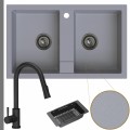Zlewozmywak granitowy szary twino 2kbo syfon grafitowy manualny bateria czarna