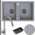 Zlewozmywak granitowy szary twino 2kbo syfon grafitowy manualny bateria stalowa