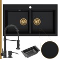 Zlewozmywak granitowy czarny DUAL 2KBO syfon złoty manualny bateria czarna