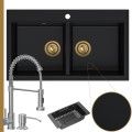 Zlewozmywak granitowy czarny DUAL 2KBO syfon złoty manualny bateria stalowa