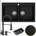 Zlewozmywak granitowy czarny metalik dual 2kbo syfon srebrny manualny bateria czarna