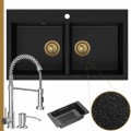 Zlewozmywak granitowy czarny metalik dual 2kbo syfon złoty manualny bateria chrom