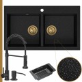 Zlewozmywak granitowy czarny metalik dual 2kbo syfon złoty manualny bateria czarna