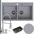 Zlewozmywak granitowy szary dual 2kbo syfon grafitowy automatyczny z pokrętłem bateria chrom