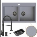 Zlewozmywak granitowy szary dual 2kbo syfon grafitowy manualny bateria czarna