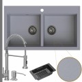 Zlewozmywak granitowy szary dual 2kbo syfon grafitowy manualny bateria stalowa