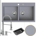 Zlewozmywak granitowy szary dual 2kbo syfon srebrny automatyczny z pokrętłem bateria stalowy