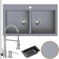 Zlewozmywak granitowy szary dual 2kbo syfon srebrny manualny bateria chrom