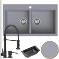 Zlewozmywak granitowy szary dual 2kbo syfon srebrny manualny bateria czarna