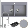 Zlewozmywak granitowy szary dual 2kbo syfon srebrny manualny bateria stalowa