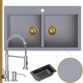 Zlewozmywak granitowy szary dual 2kbo syfon złoty manualny bateria chrom