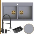 Zlewozmywak granitowy szary dual 2kbo syfon złoty manualny bateria czarna