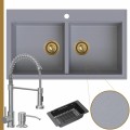 Zlewozmywak granitowy szary dual 2kbo syfon złoty manualny bateria stalowa
