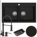 Zlewozmywak granitowy grafitowy dual 2kbo syfon srebrny manualny bateria czarna