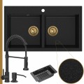 Zlewozmywak granitowy grafitowy dual 2kbo syfon złoty manualny bateria czarna