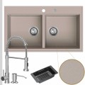 Zlewozmywak granitowy beżowy dual 2kbo syfon srebrny automatyczny z pokrętłem bateria chrom