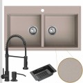 Zlewozmywak granitowy beżowy dual 2kbo syfon srebrny manualny bateriaczarna