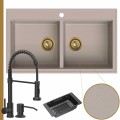 Zlewozmywak granitowy beżowy dual 2kbo syfon złoty manualny bateria czarna