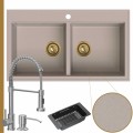 Zlewozmywak granitowy beżowy dual 2kbo syfon złoty manualny bateria stalowa