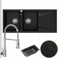 Zlewozmywak granitowy czarny metalik grande 2kdo syfon srebrny manualny bateria chrom
