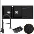 Zlewozmywak granitowy czarny metalik grande 2kdo syfon srebrny manualny bateria czarna