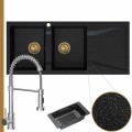 Zlewozmywak granitowy czarny metalik grande 2kdo syfon złoty manualny bateria chrom