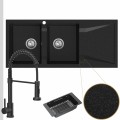 Zlewozmywak granitowy grafitowy grande 2kdo syfon srebrny manualny bateria czarna