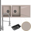 Zlewozmywak granitowy beżowy grande 2kdo syfon grafitowy manualny bateria stalowa