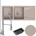 Zlewozmywak granitowy beżowy grande 2kdo syfon srebrny manualny bateria stalowa