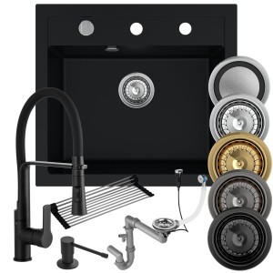 Zestaw bestseller: zlew + bateria + dozownik + syfon + mata 