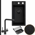 Zlewozmywak granitowy czarny metalik tommy syfon black matt automatyczny z pokrętłem bateria karbon