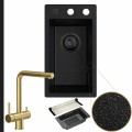 Zlewozmywak granitowy czarny metalik tommy syfon black matt automatyczny z pokrętłem bateria złota