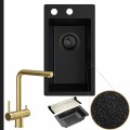 Zlewozmywak granitowy czarny metalik tommy syfon black matt manualny bateria złoty