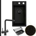 Zlewozmywak granitowy złoty metalik tommy syfon black matt automatyczny z pokrętłem bateria karbon