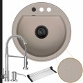 Zlewozmywak granitowy beżowy luna syfon black matt automatyczny z pokrętłem bateria chrom