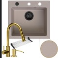 Beżowy zlew FERRUM 1K50 syfon black matblack matt automatyczny z pokrętłem złote akcesoria.jpg