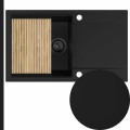 Czarny zlew z ociekaczem z black matt syfonem manualnym z ociekarką złotą