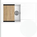 Biały zlew z ociekaczem z syfonem manual z ociekarką złotą
