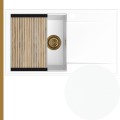 Biały zlew z ociekaczem ze złotym syfonem manual z ociekarką