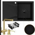 Czarny zlew obsidian 1kdo syfon grafitowy manualny złote akcesoria