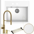 Zlew granitowy biały sink 60 bateria złota quadron marilyn syfon srebrny manualny