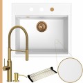 Zlew granitowy biały sink 60 bateria złota quadron jennifer syfon miedziany automatyczny z przyciskiem