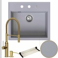Zlew granitowy szary sink 60 bateria złota quadron marilyn syfon srebrny automatyczny z pokrętłem