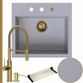 Zlew granitowy szary sink 60 bateria złota quadron marilyn syfon złoty automatyczny z pokrętłem