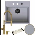 Zlew granitowy szary sink 60 bateria złota quadron marilyn syfon black matt automatyczny z pokrętłem